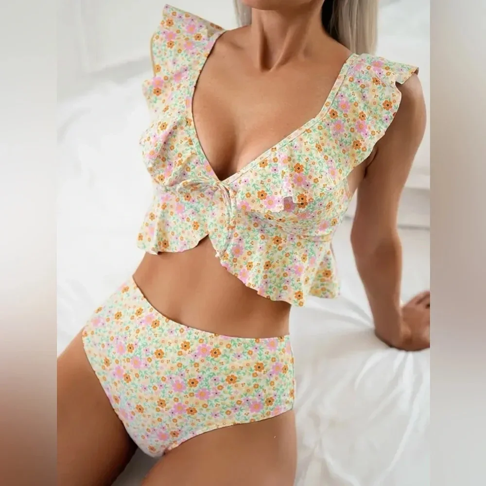 Floral Flutter Bikini Set High Waisted Ruffle Top Spring Swim NWT - Picture 2 of 3